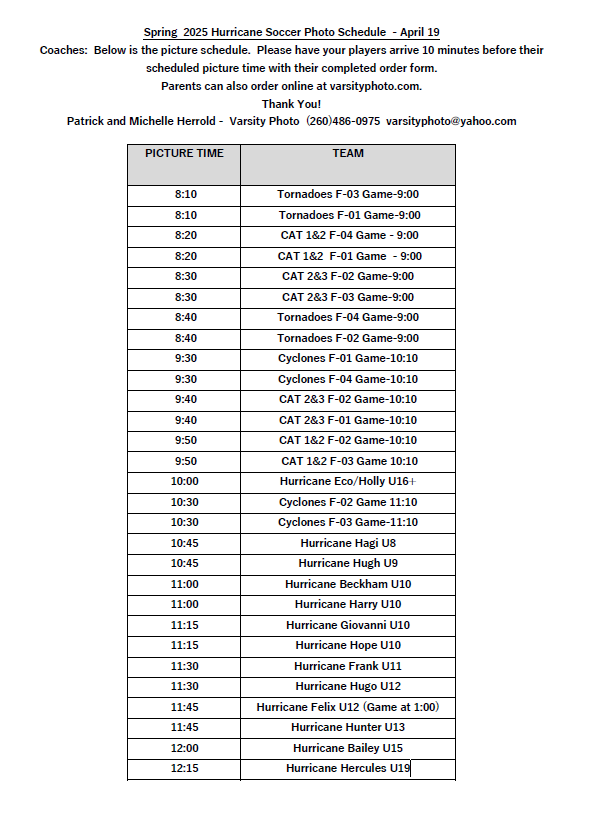 S2025 Varsity Photography Team Picture Schedule